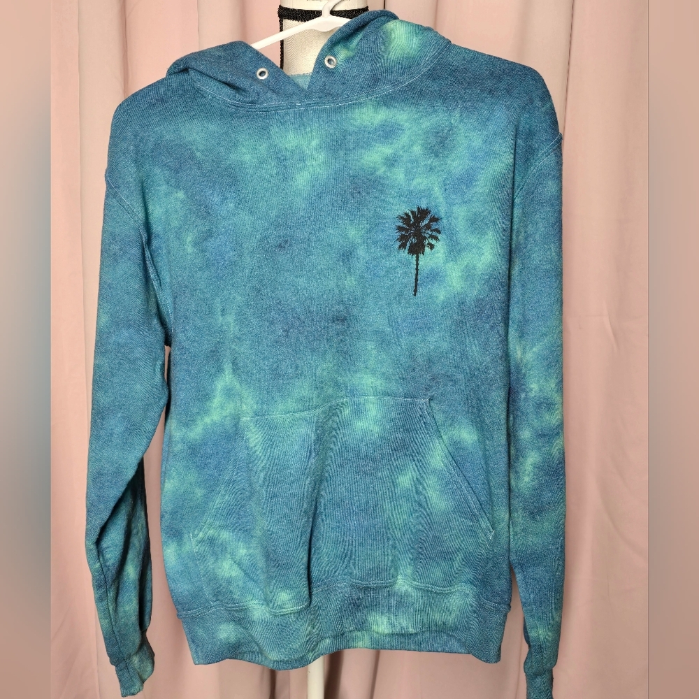 Blue Tie-Dye Hoodie with Palm Tree Design